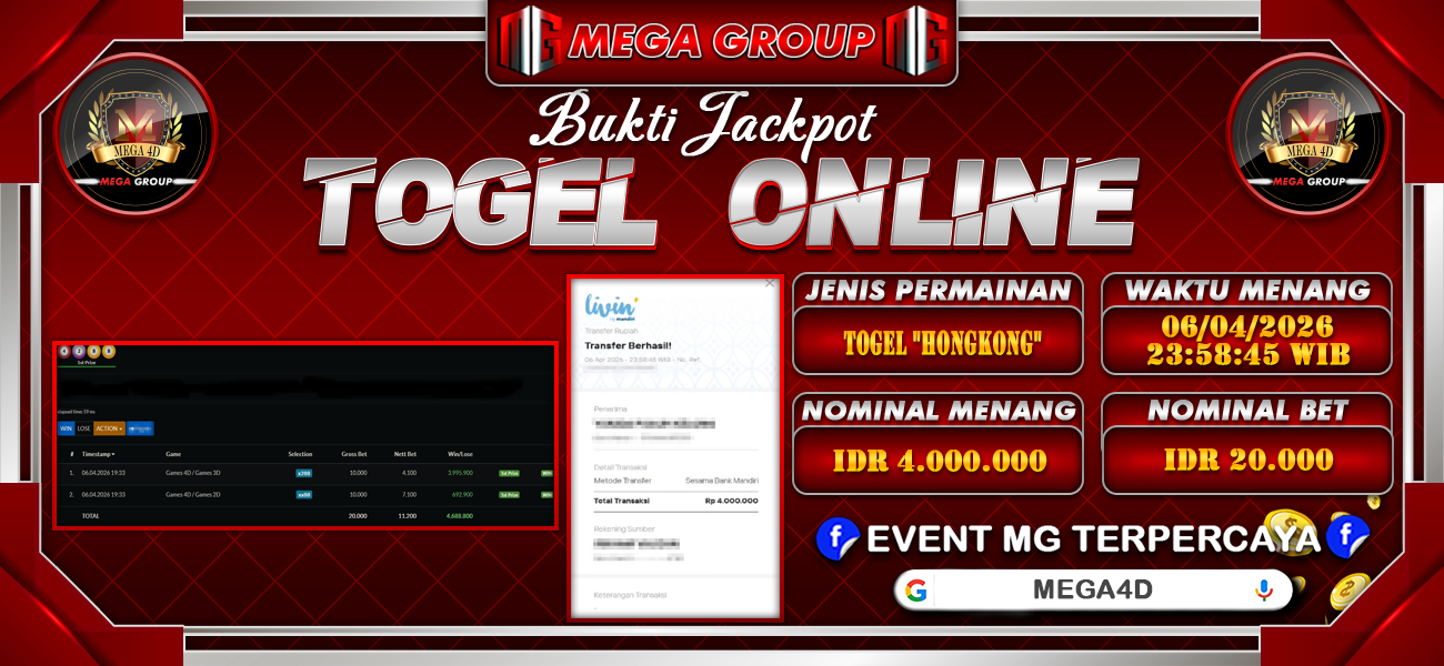 Bukti JP situs Mega4D hari Senin, 06 April 2026